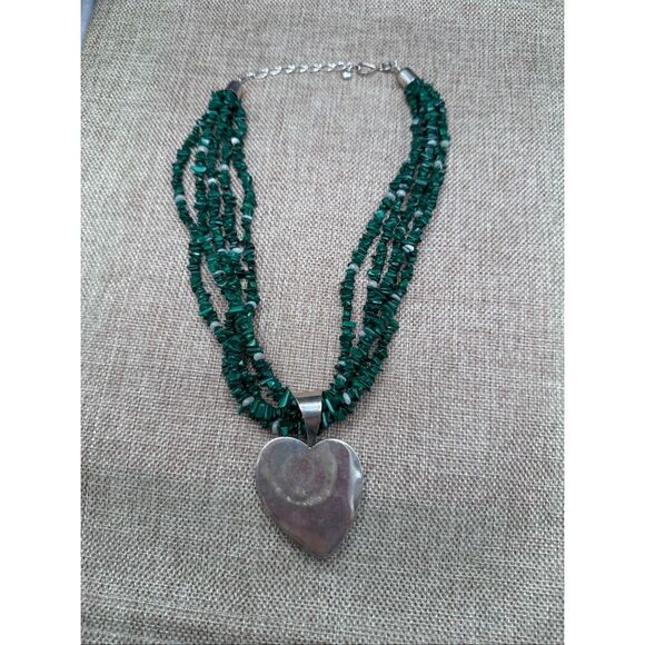 Vintage Sterling Silver Malachite & Mother of Pearl Heart Pendant Necklace Multi - Picture 3 of 9